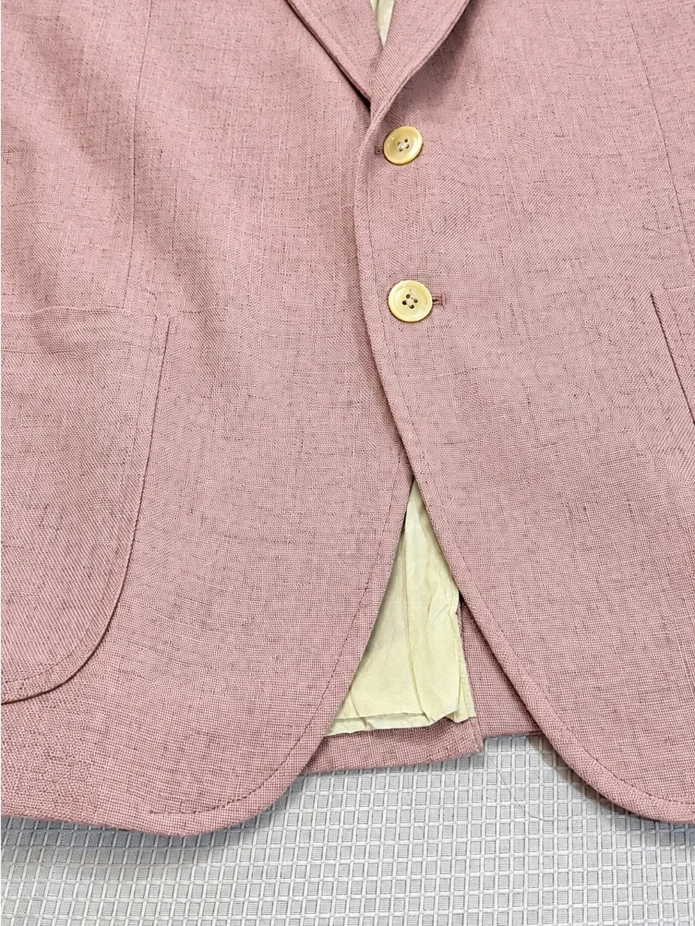 Vtg 70s Summer Slub Linen Blend Blazer Mens 44L Patch Pockets Preppy Pink